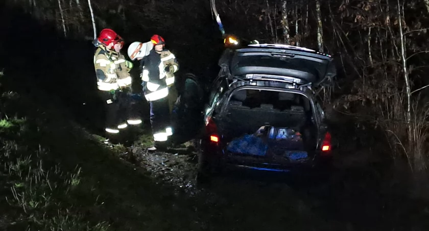 Wypadek na DK nr 42 w Krynkach. Samochód osobowy wypadł z drogi