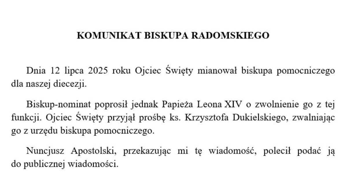 Nowy biskup pomocniczy poprosił o zwolnienie z posługi