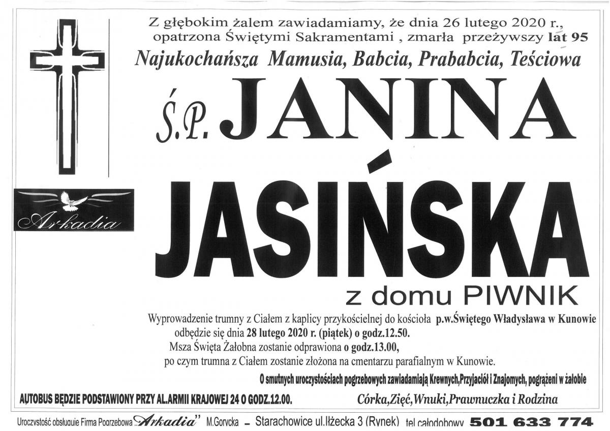 Ś.P. Janina Jasińska z domu Piwnik (nekrolog)