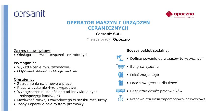 Cersanit zatrudni operatora maszyn i urządzeń ceramicznych
