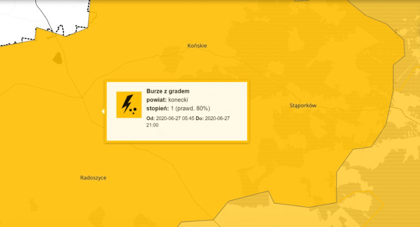 Burze, deszcz, grad. Ostrzeżenie dla powiatu koneckiego