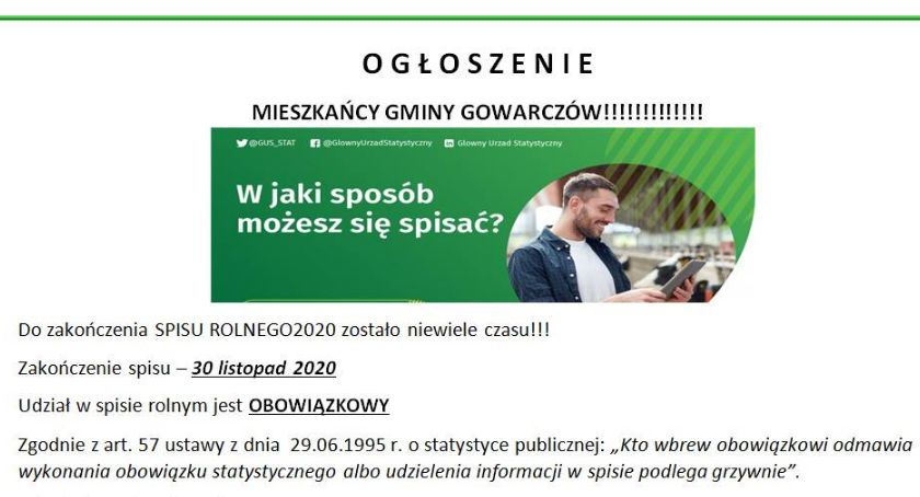 GMINA GOWARCZÓW. Do zakończenia Spisu Rolnego 2020 zostało niewiele czasu!