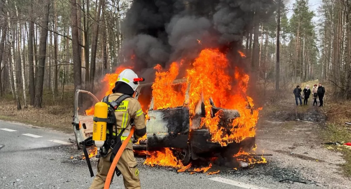 KRZYŻÓWKI RUDZKIE. Spalił się citroen na drodze krajowej. Co się stało? [ZDJĘCIA]