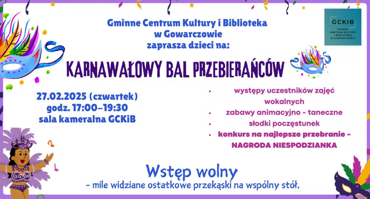 GOWARCZÓW. Karnawałowy Bal Przebierańców pełen zabawy, konkursów i muzyki - zaproszenie