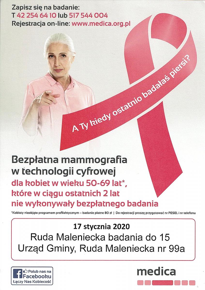 Bezpłatna mammografia w Rudzie Malenieckiej