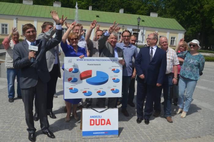 Fetowanie sukcesu wyborczego przy koneckiej fontannie