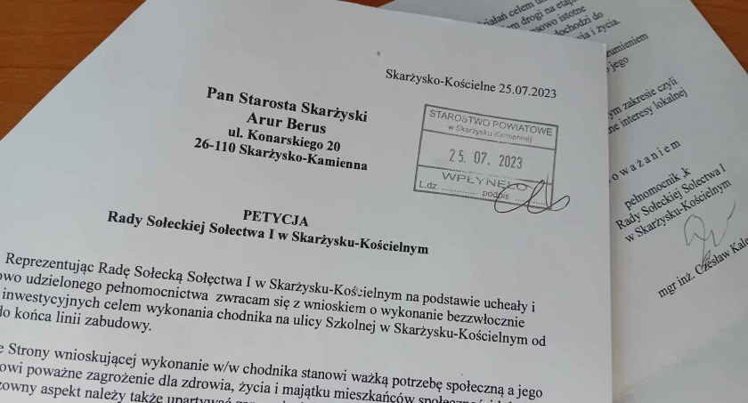 Petycja Rady Sołeckiej Skarżyska Kościelnego do wójta i starosty