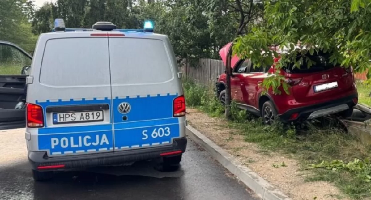 Pijany kierowca z zakazem za kierownicą. Mazda zawisła na płocie