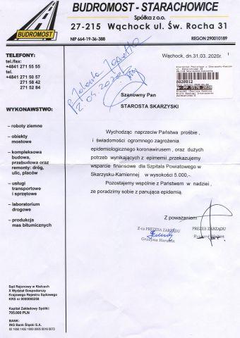 5 tysięcy złotych od BUDROMOSTU – STARACHOWICE dla szpitala powiatowego w Skarżysku-Kamiennej. Kolejne firmy odpowiadają na prośbę Starosty