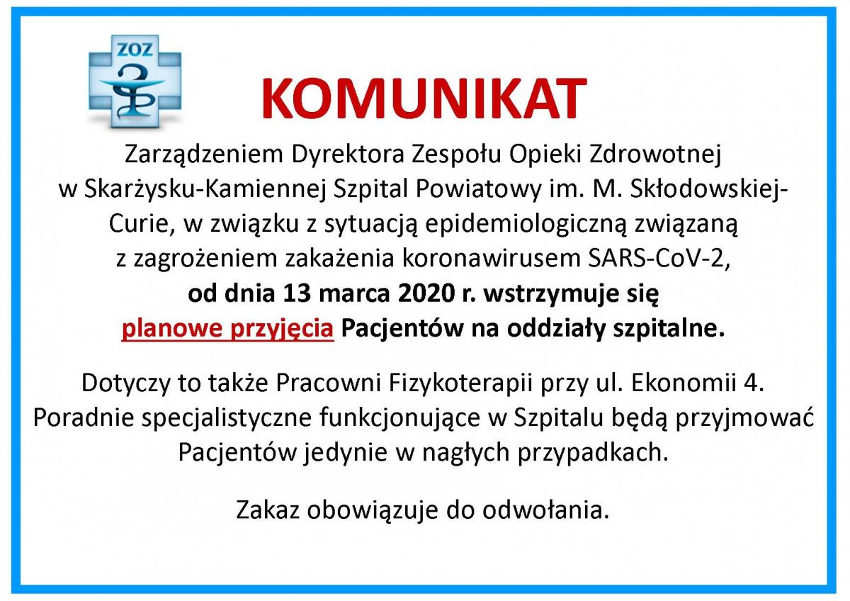 Pilny komunikat dla Pacjentów skarżyskiego Szpitala Powiatowego