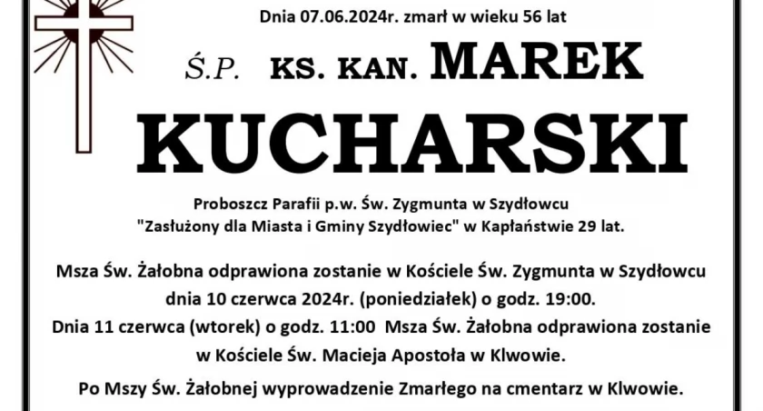 Znana data uroczystości pogrzebowych księdza kanonika Marka Kucharskiego, proboszcza parafii w Szydłowcu
