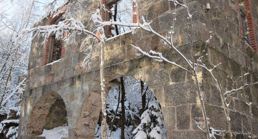 Bergfriedenbaude. Zarastające lasem ruiny.