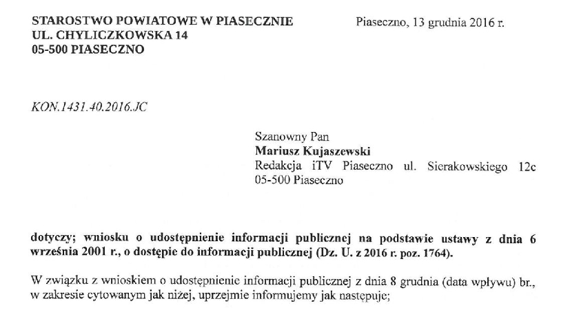 Odpowiedź Starostwa na temat imprez