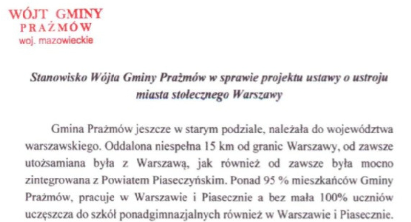 Stanowisko Wójta Gminy Prażmów w sprawie zmiany ustroju m.st. Warszawy