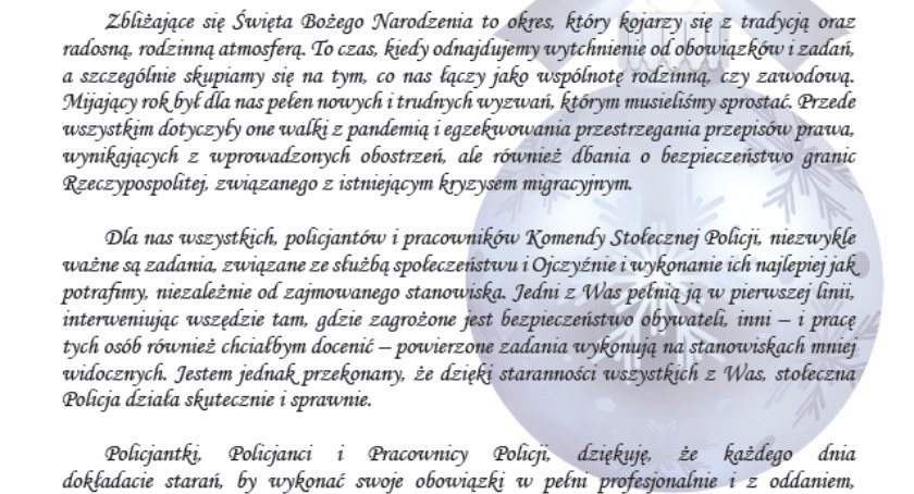 Życzenia świąteczne Komendanta Stołecznego Policji