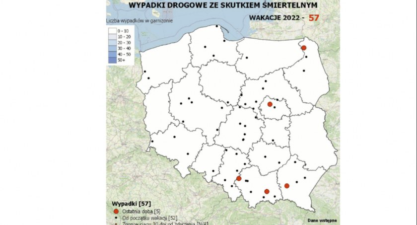 Policyjna mapa wypadków drogowych ze skutkiem śmiertelnym – Wakacje 2022