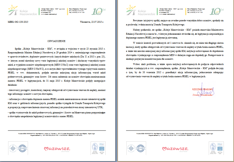 Oświadczenie Kolei Mazowieckich