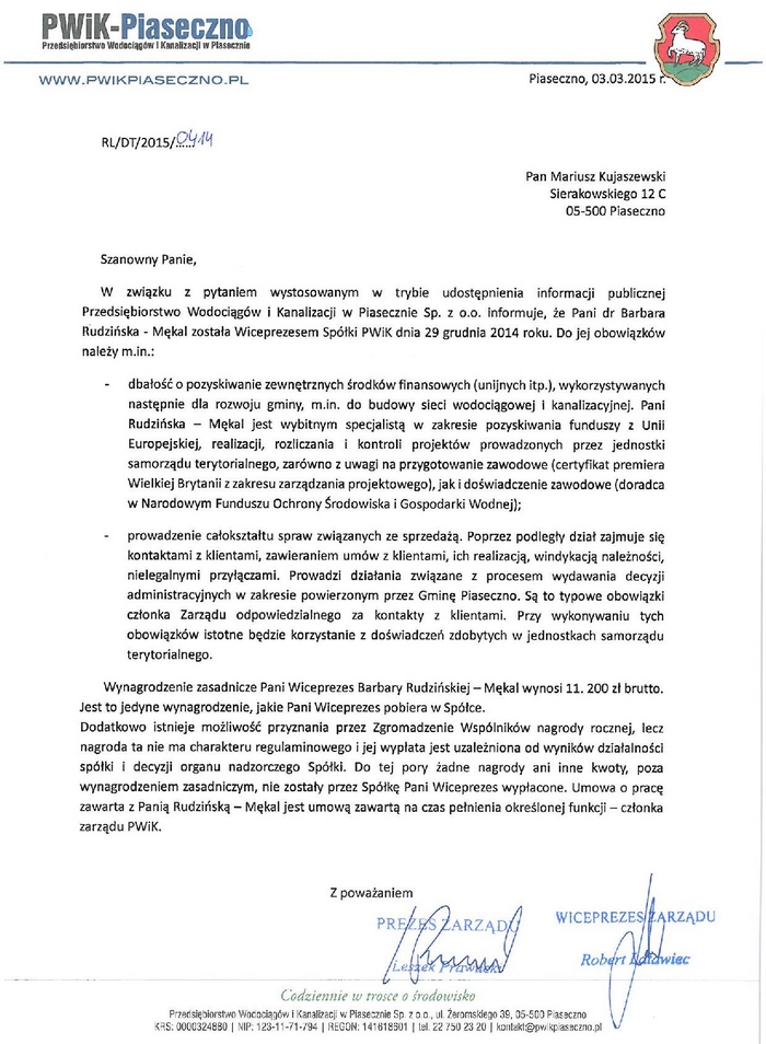 Odpowiedź PWiK Piaseczno