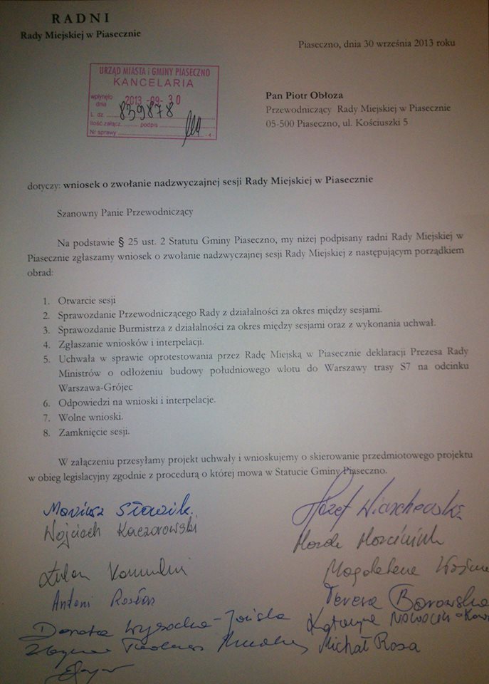 Wniosek o SESJĘ NADZWYCZAJNĄ w Piasecznie
