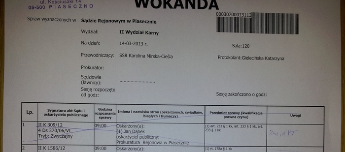 Kolejna rozprawa Starosty Dąbka przełożona
