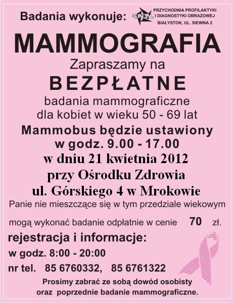 Bezpłatna MAMMOGRAFIA w Mrokowie