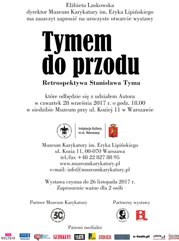 Zaproszenie na wernisaż Retrospektywa Stanisława Tyma w Muzeum Karykatury im. Eryka Lipińskiego