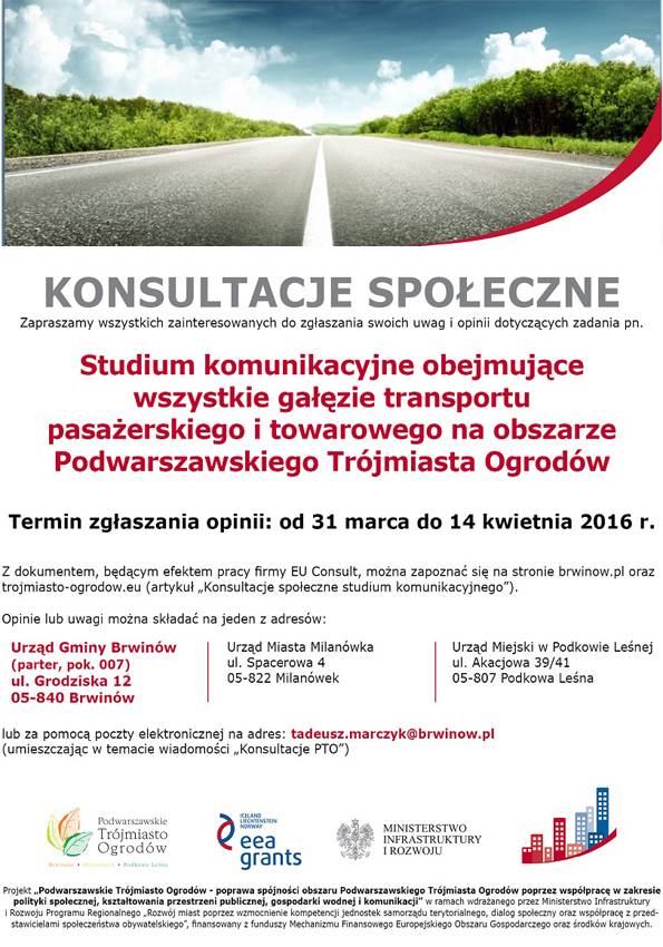 Konsultacje społeczne studium komunikacyjnego obszaru gmin Brwinów, Milanówek i Podkowa Leśna