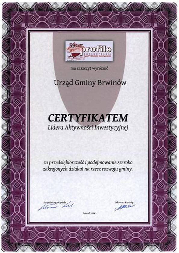 Lider Aktywności Inwestycyjnej dla gminy Brwinów