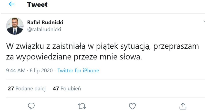 Rafał Rudnicki przeprasza za swoje słowa, ale twierdzi, że to TVP manipulowała 