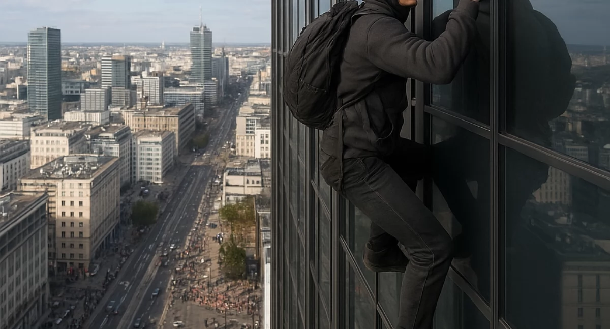 „Człowiek-pająk” na Varso Tower. 24-letni Francuz wspiął się na szczyt najwyższego budynku w UE