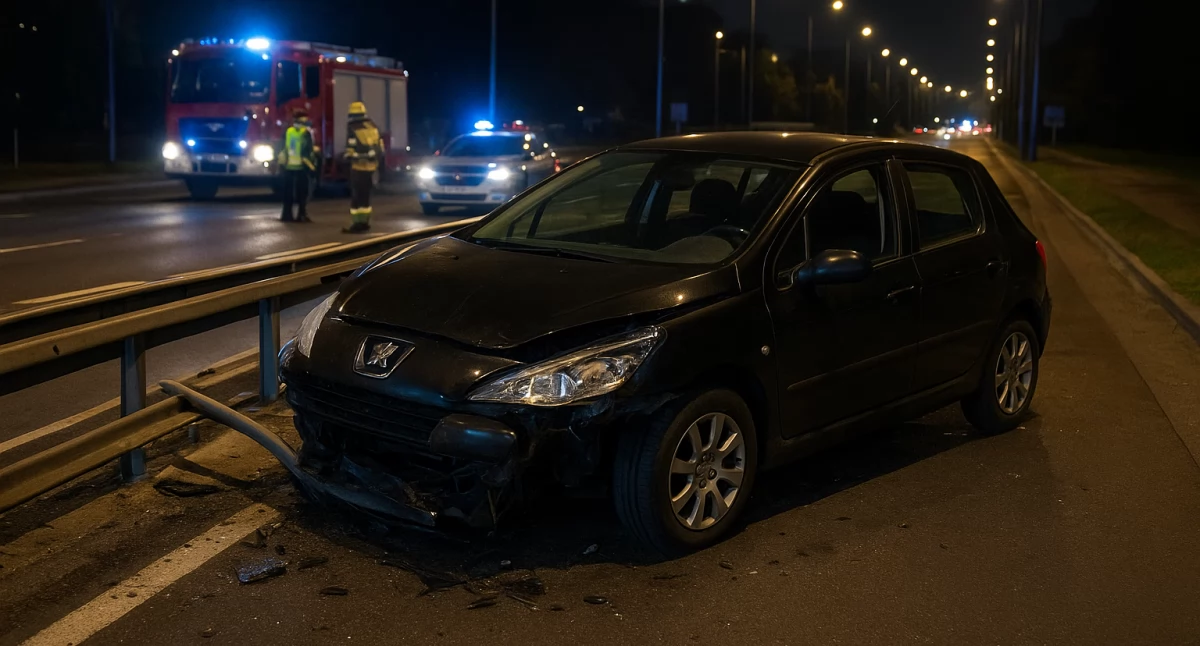 Nocny wypadek w centrum Warszawy. Peugeot uderzył w barierki na al. Armii Ludowej