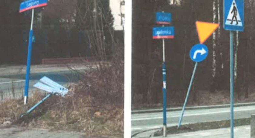 Uszkodzone znaki drogowe na os. Zielona-Grzybowa [ZDJĘCIA]