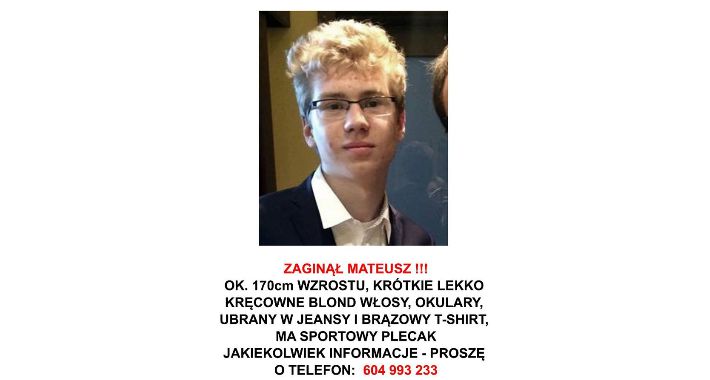 Zaginął Mateusz, mieszkaniec Wilanowa