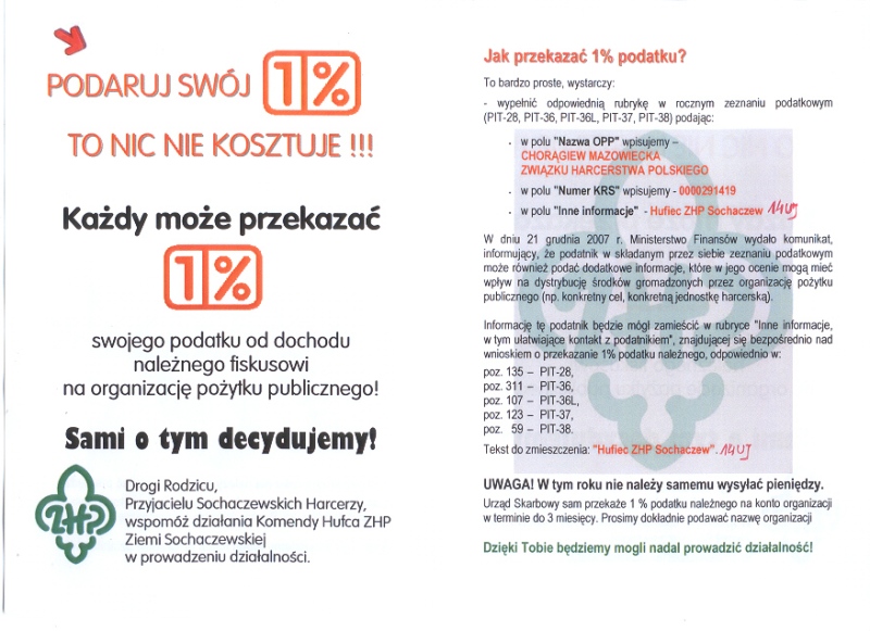 Zrób pożytek – przekaż 1 % podatku harcerzom