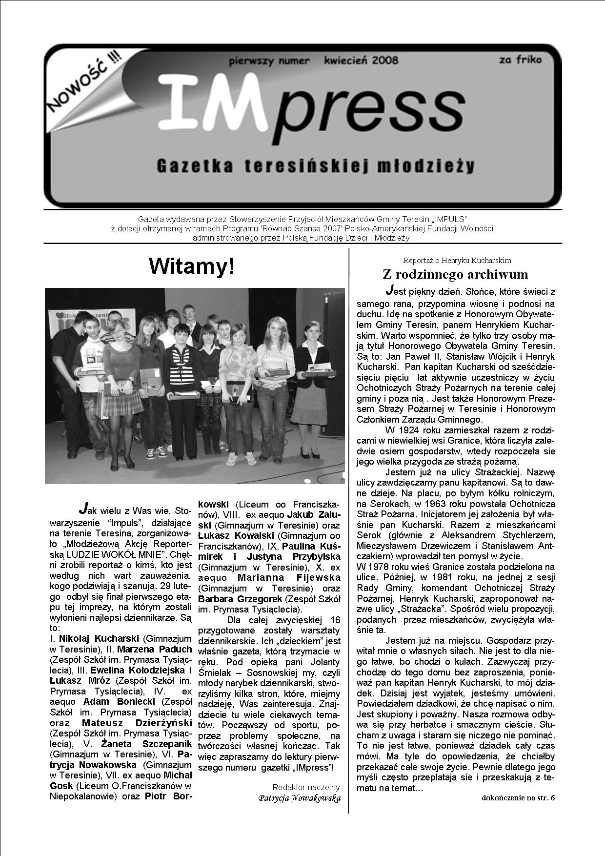 Gazetka Teresińskiej Młodzieży IMpress - pierwszy numer