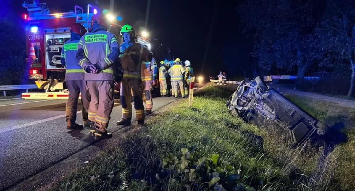 Dachowanie na drodze krajowej nr 92 w Nowym Kozłowie Pierwszym. To już kolejne zderzenie z dzikiem