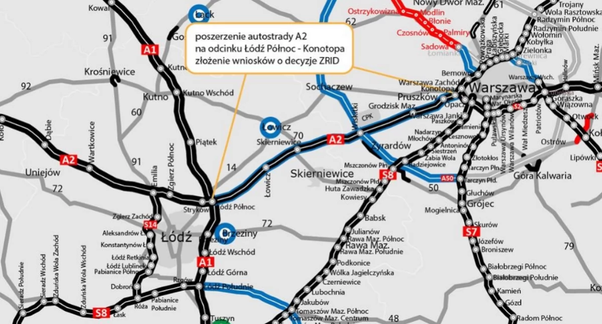 Najszersza autostrada w Polsce powstanie niedaleko Sochaczewa. Rozbudowa A2 już na horyzoncie