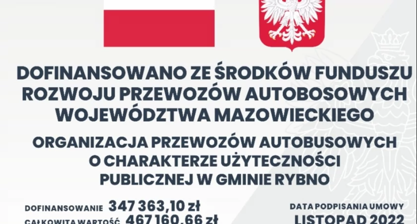 Gmina Rybno: 350 000,00 zł dofinansowania na rozwój komunikacji publicznej w 2025 r, kwota będzie przyznawana przez 9 lat, a całkowita wartość zadania przez ten okres to 3 783 062,43 zł