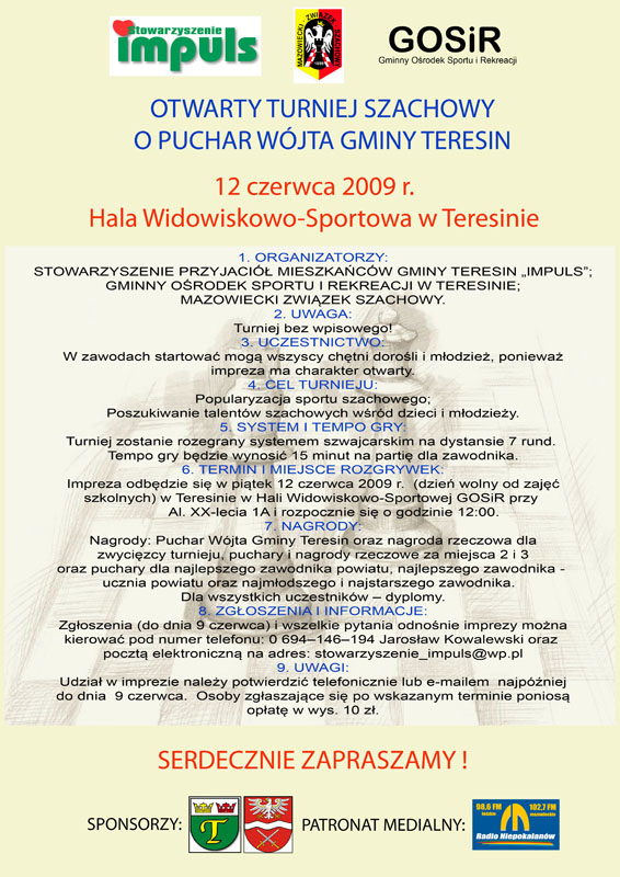 Zgłoszenia na OTWARTY TURNIEJ SZACHOWY O PUCHAR WÓJTA GMINY TERESIN