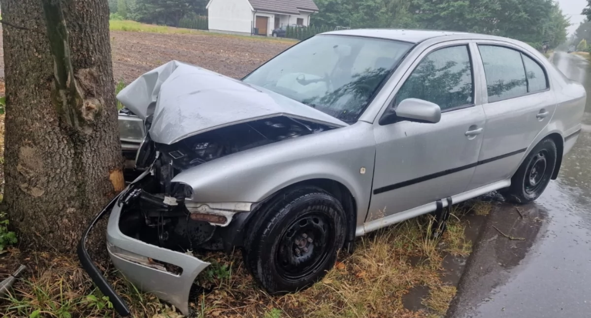 Wypadek w Adamowej Górze — samochód wpadł na drzewo