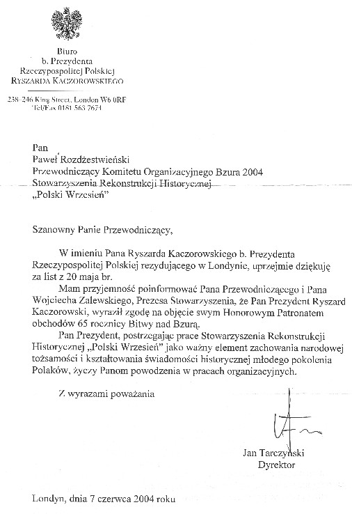 Prezydent Kaczorowski patronem Rekonstrukcji Bzura 1939