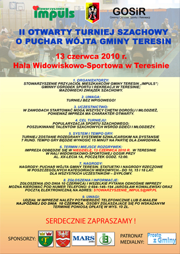 II OTWARTY TURNIEJ SZACHOWY O PUCHAR WÓJTA GMINY TERESIN