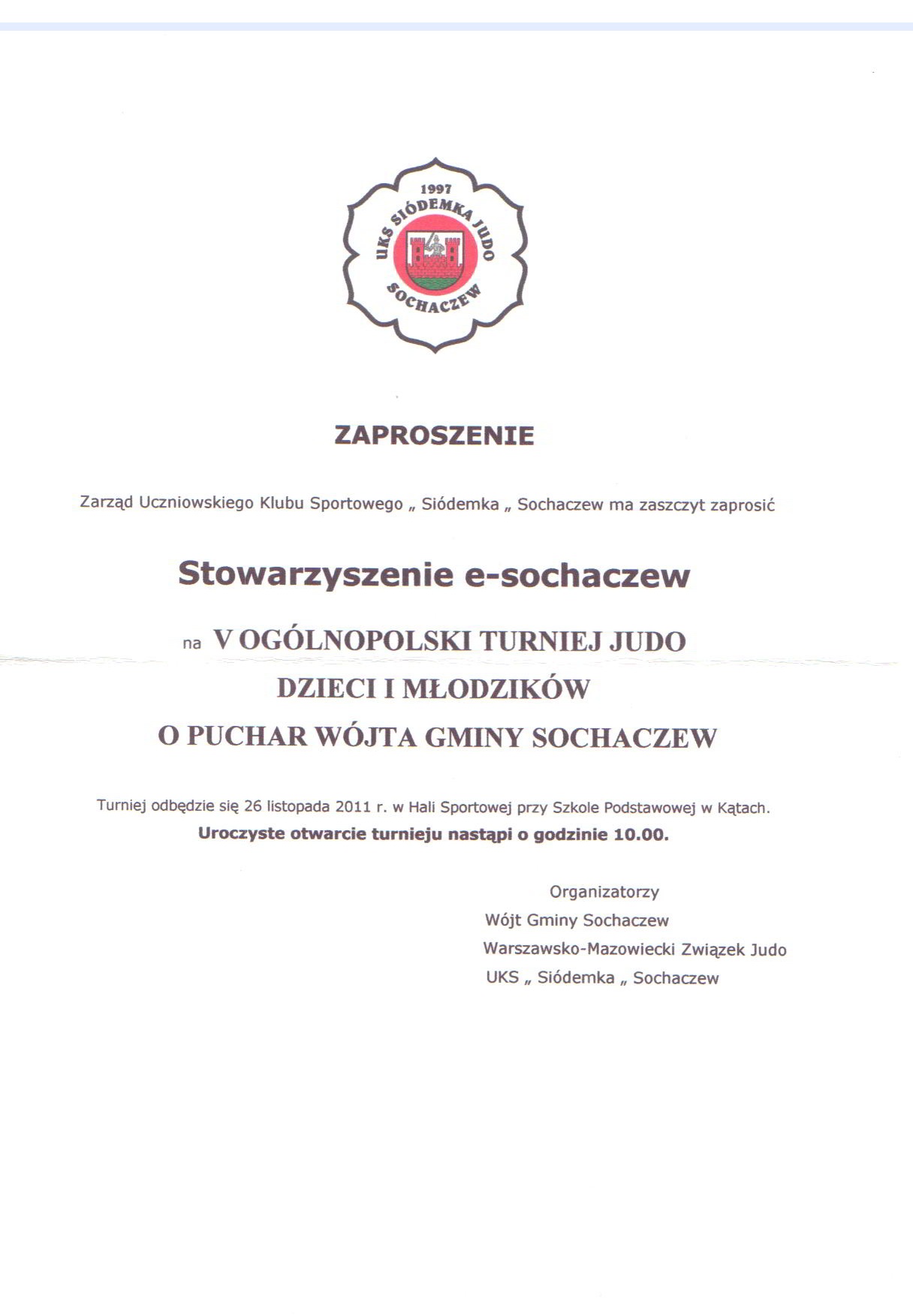 Zaproszenie na V Ogólnopolski Turniej Judo o Puchar Wójta Gminy Sochaczew Pana Mirosława Orlińskiego