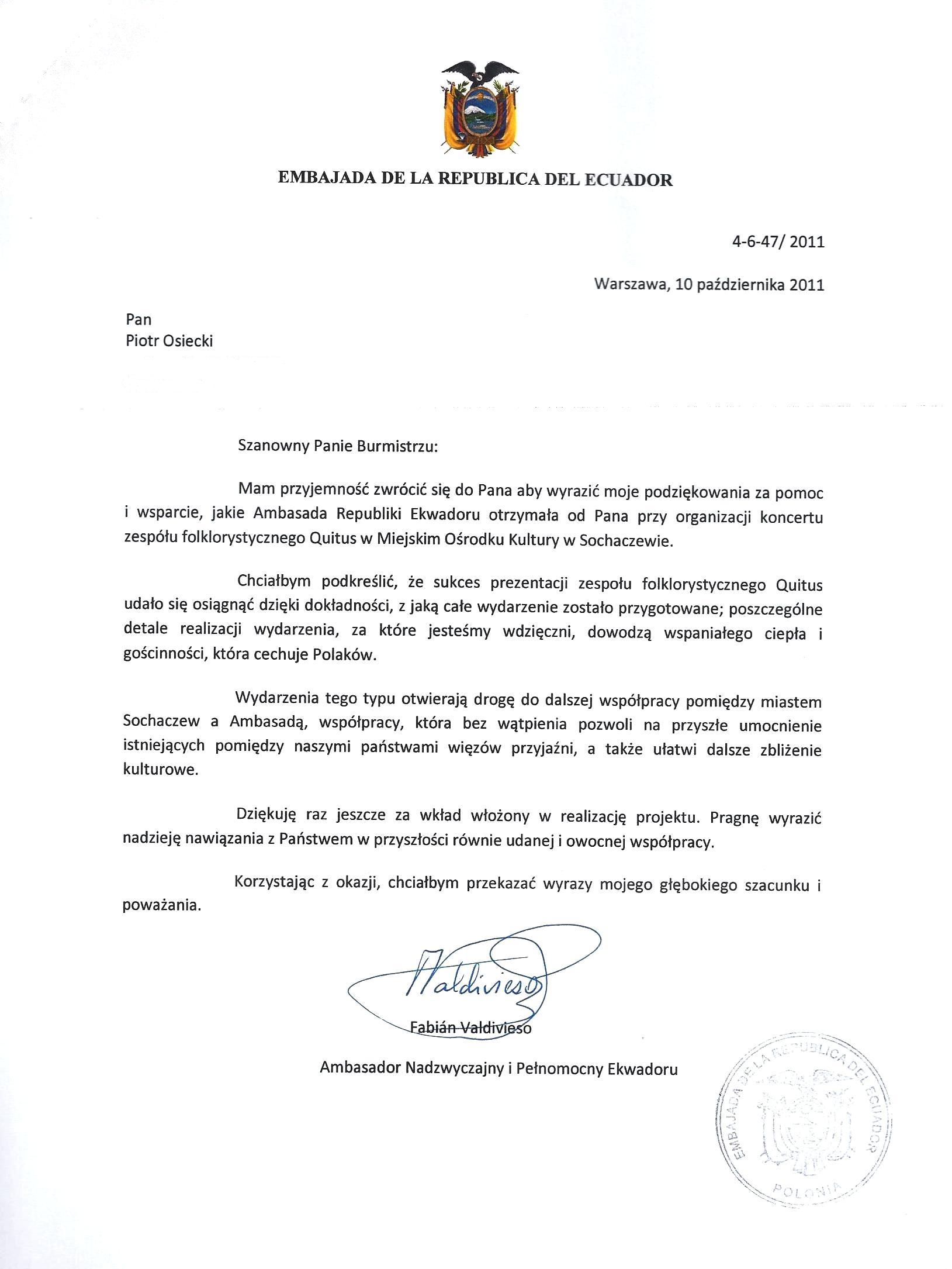 Ambasador dziękuje za koncert