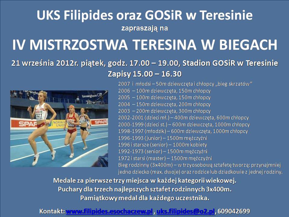 Zapraszamy na IV Otwarte Mistrzostwa Teresina w Biegach - regulamin IV mistrzostw