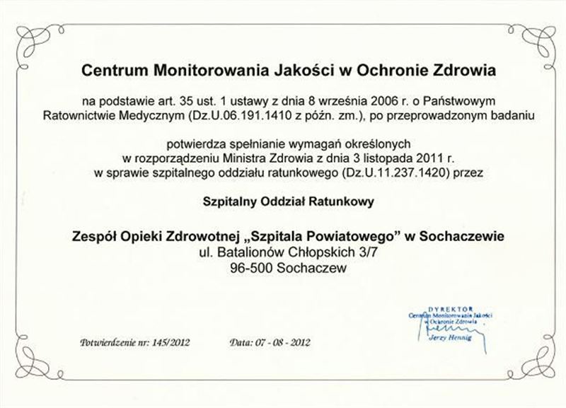 Szpitalny Oddział Ratunkowy z certyfikatem