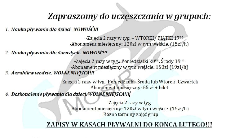 Marcowa oferta grup organizowanych przez MOSiR na pływalni ORKA