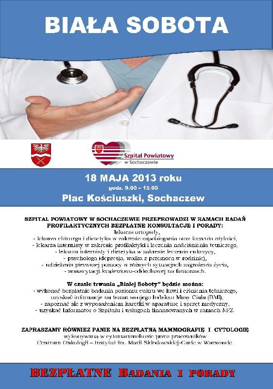 Zapraszamy na Białą Sobotę - bezpłatne badania medyczne