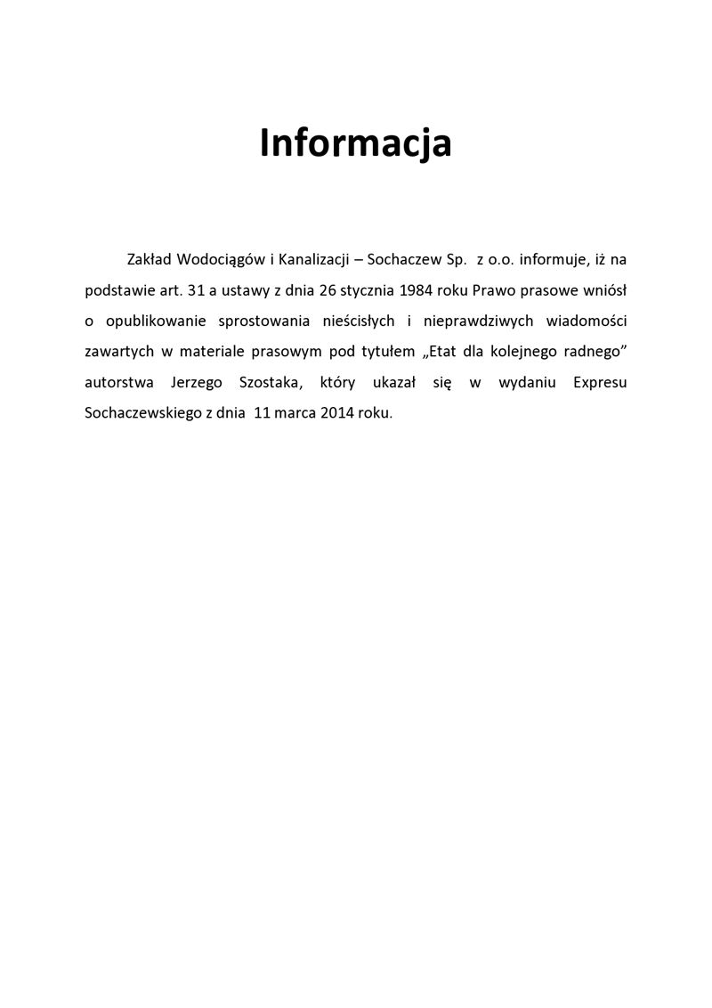 Sprostowania nieścisłych i nieprawdziwych wiadomości zawartych w materiale prasowym pod tytułem Etat