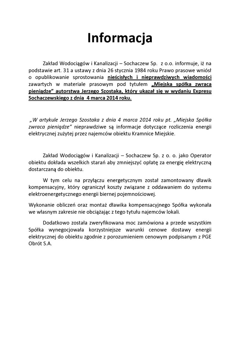 Sprostowania nieścisłych i nieprawdziwych wiadomości zawartych w materiale prasowym pod tytułem Miej